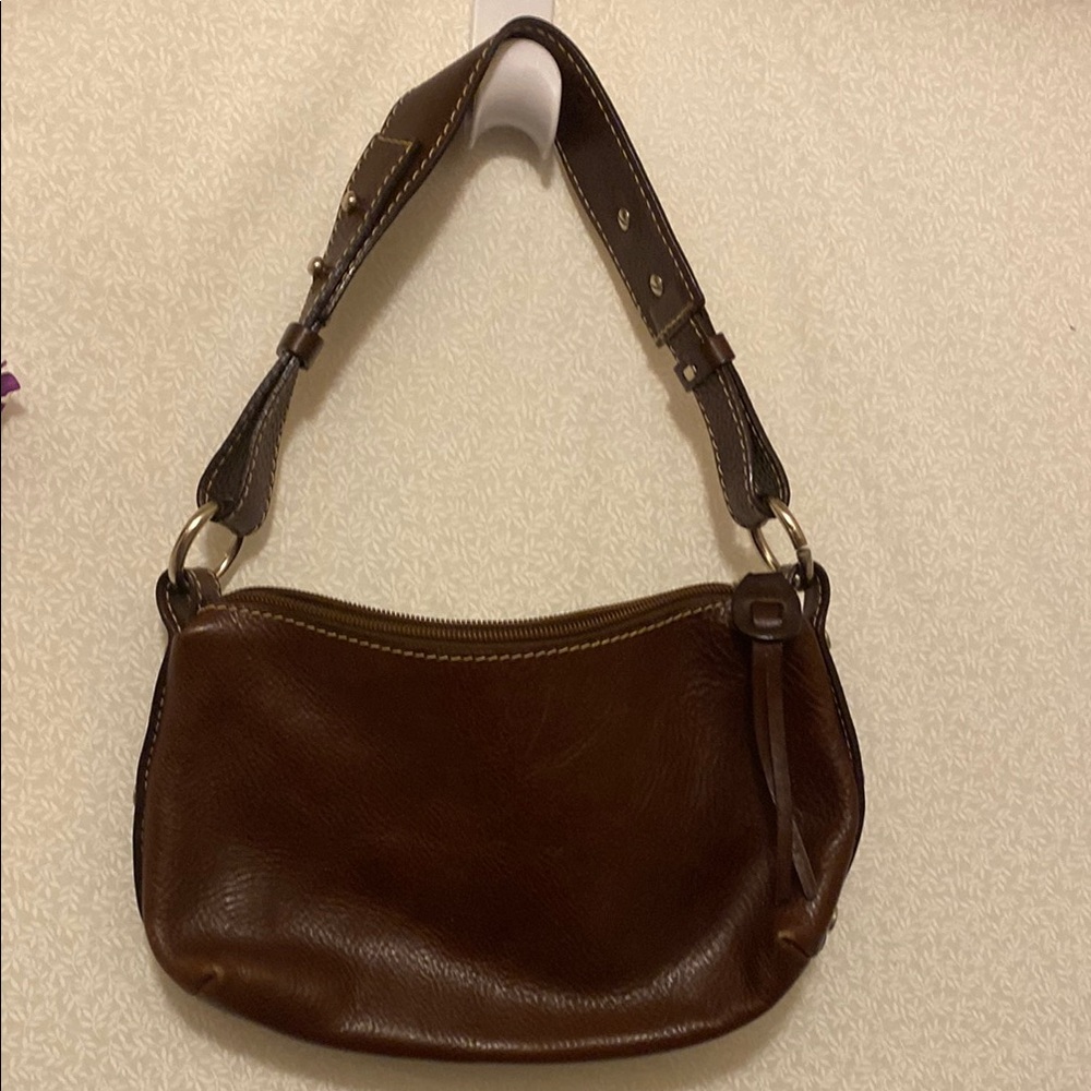 Brown Leather Crescent Shoulder Bag with Wide Strap